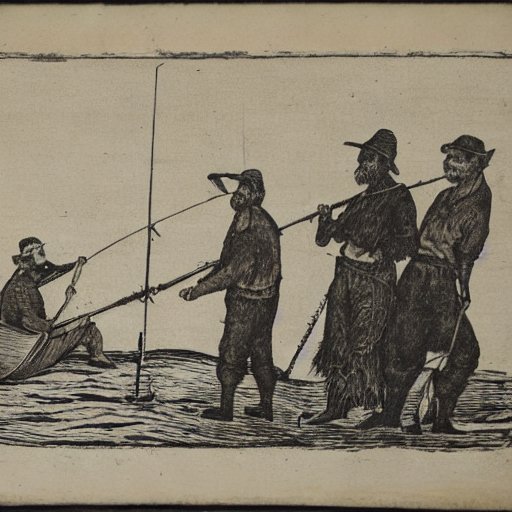 &rsquo;etching of three fisherman with a fishing rod&rsquo; according to [Stable Diffusion].