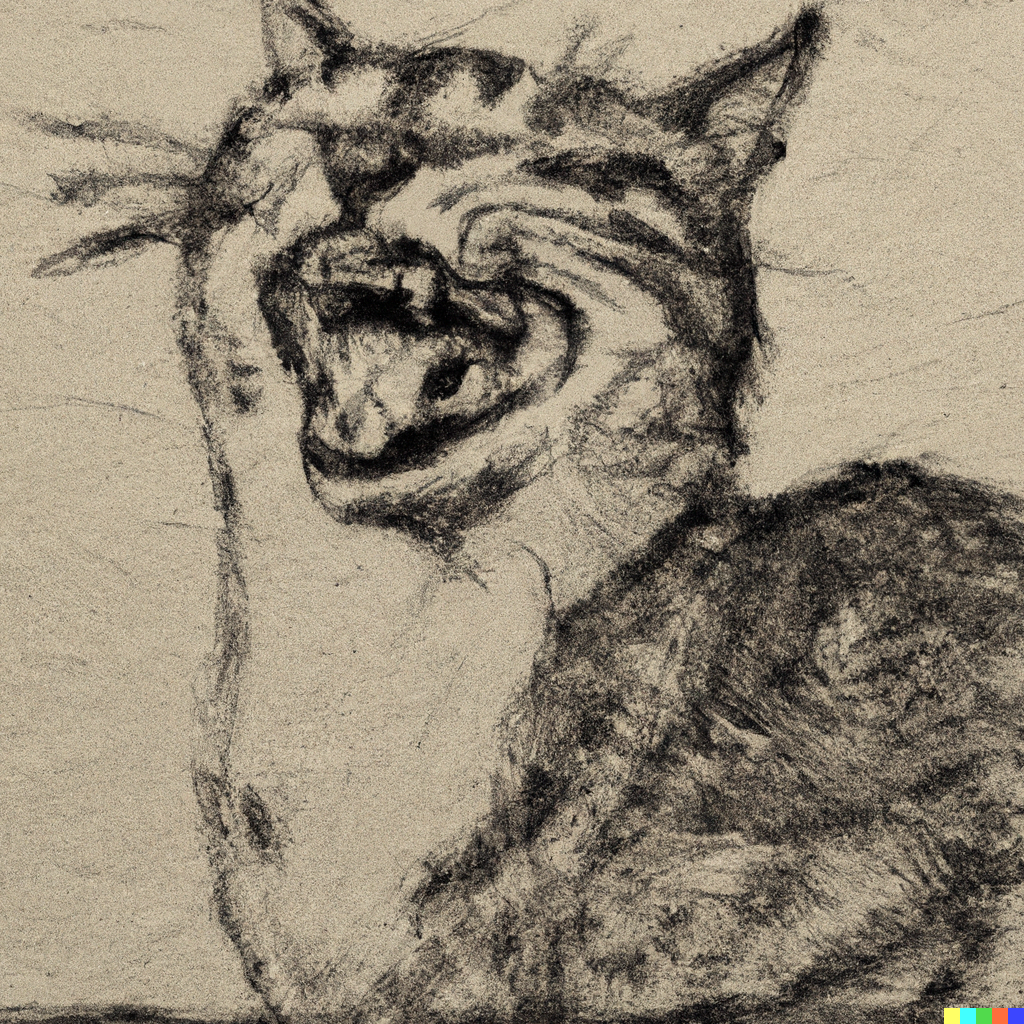 &lsquo;a cat laughing madly as an etching&rsquo; according to [Dalle-E 2].