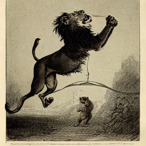 &lsquo;a lion tamer having a lion jump through a burning hoop as an etching&rsquo; according to [Stable Diffusion].