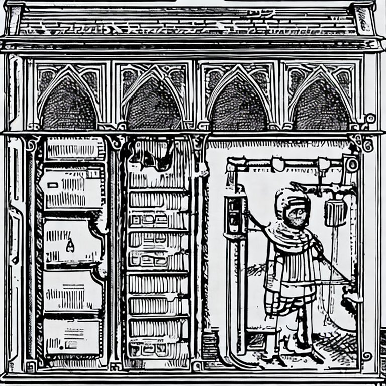 &lsquo;medieval firewall for modern computer systems as an etching&rsquo; according to [Stable Diffusion].