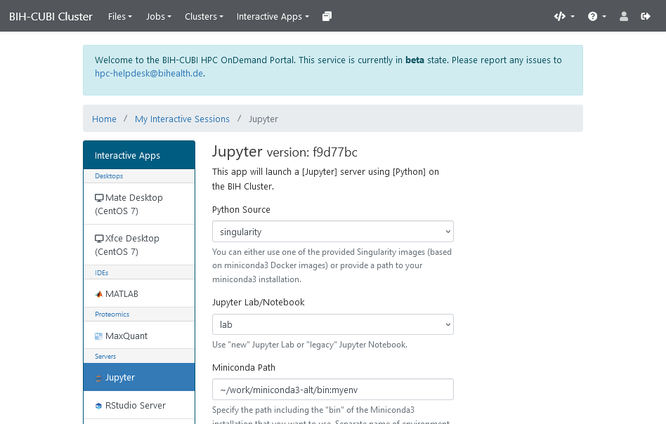 Open OnDemand screen for launching a Jupyter Notebook